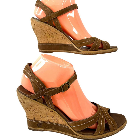 TIMBERLAND Maeslin Buckle Leather Cork Heel Wedge Sandal Womens Size 9 - Picture 2 of 16